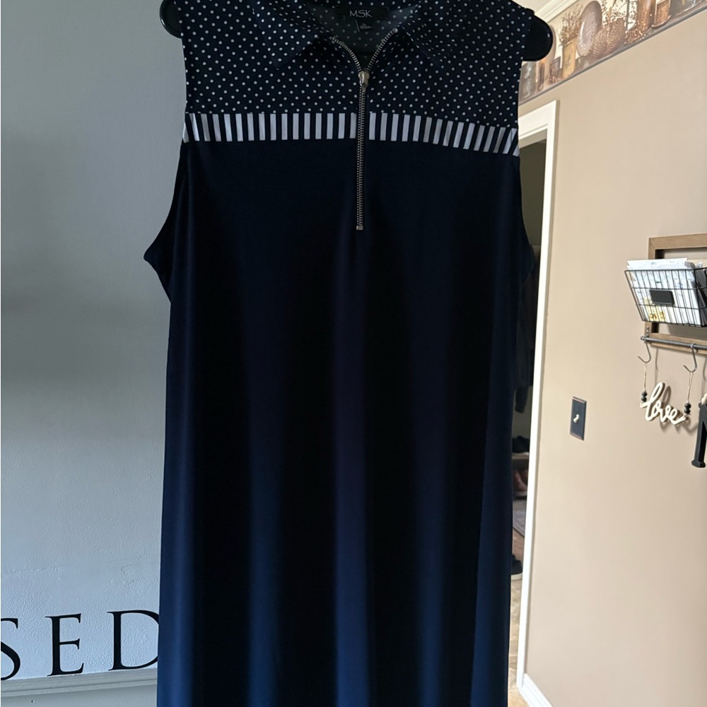 MSK Navy Sleeveless Midi Dress with Polka Dot Yoke and Zip size XL